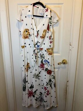 Joseph Ribkoff Floral Fit & Flare Polka Dot Tie-Front Midi Dress - White